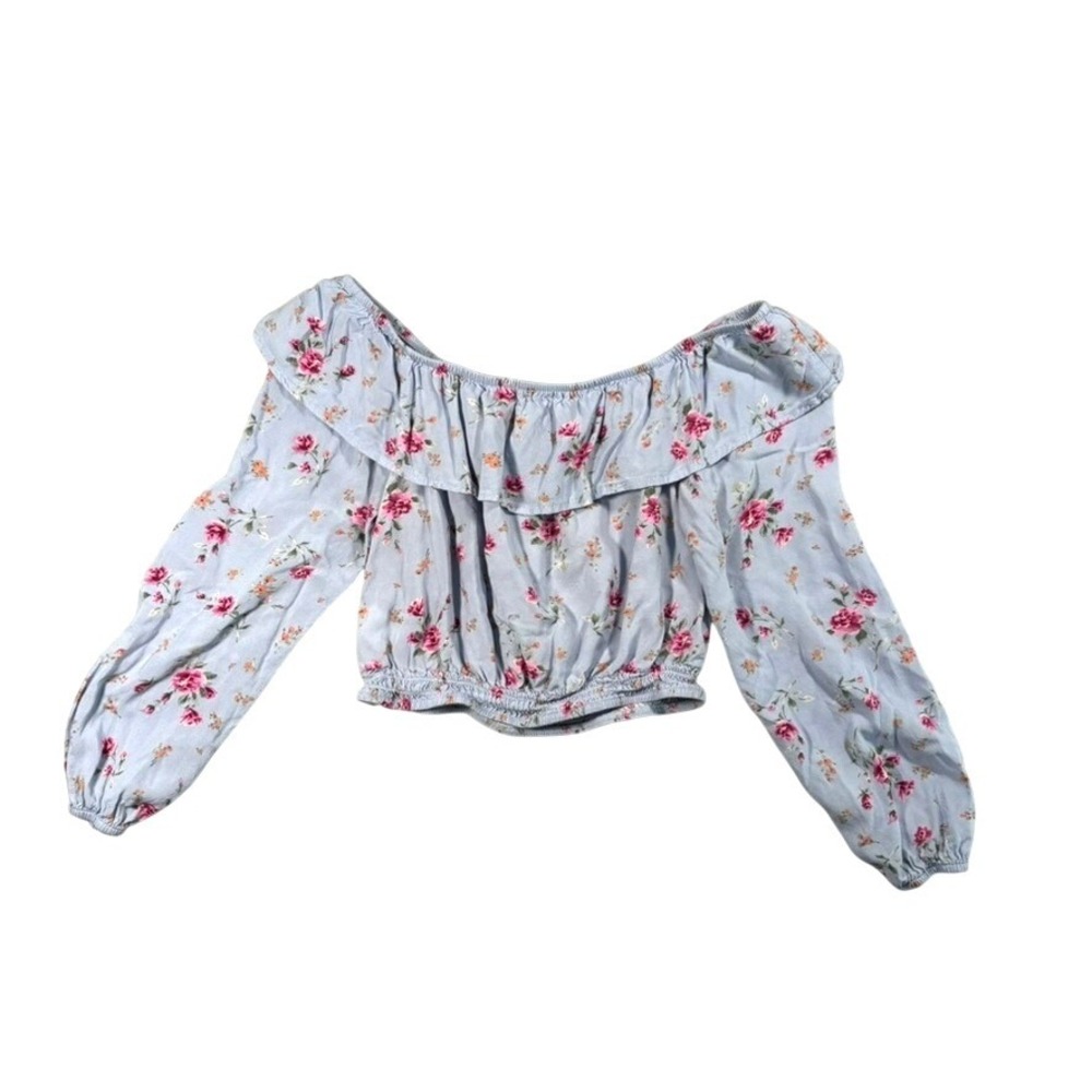 Blue Pink Floral‎ Ruffle Crop Top Long Sleeve M Cottagecore Coquette Feminine - Picture 8 of 11